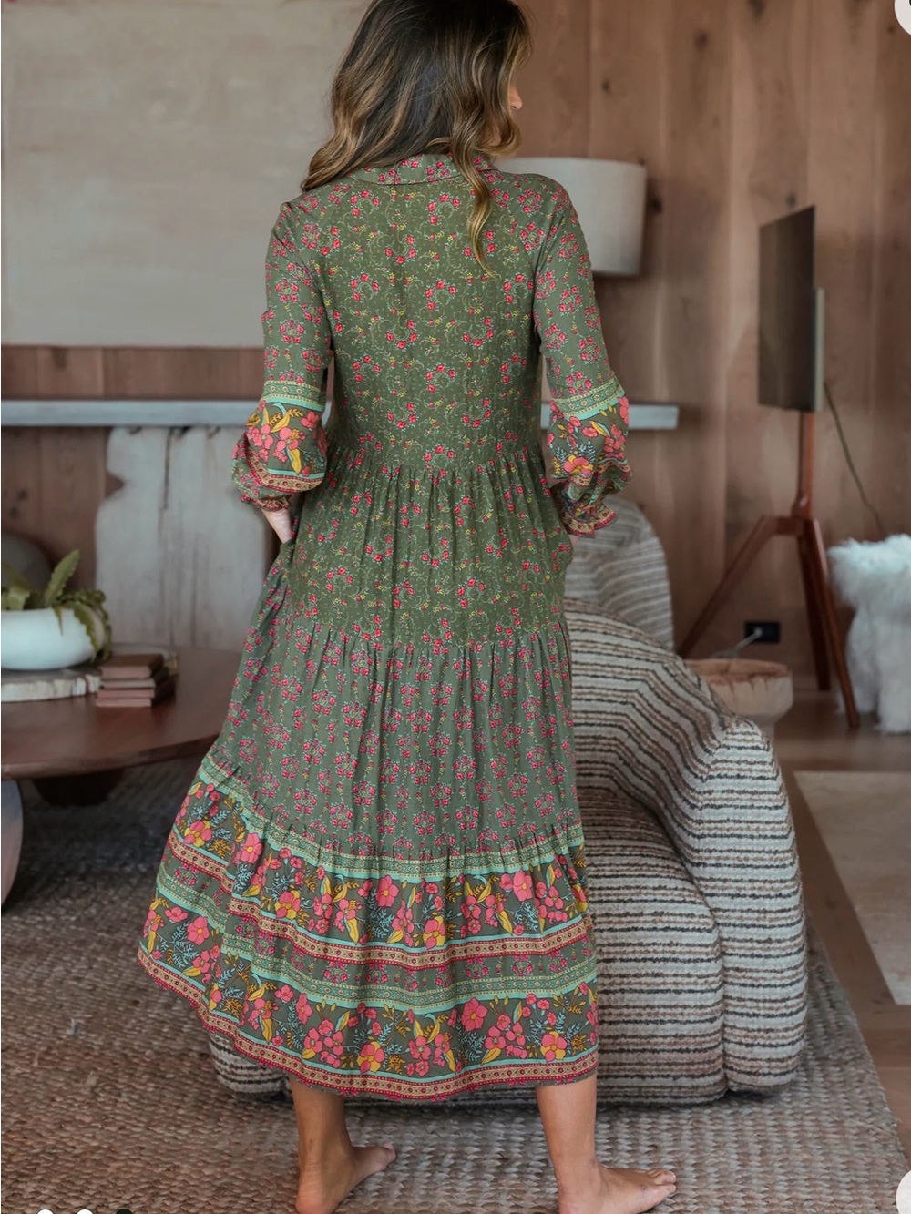 NWT Natural Life Rebecca long sleeve midi dress Filigree Border Olive Medium New - Picture 3 of 5
